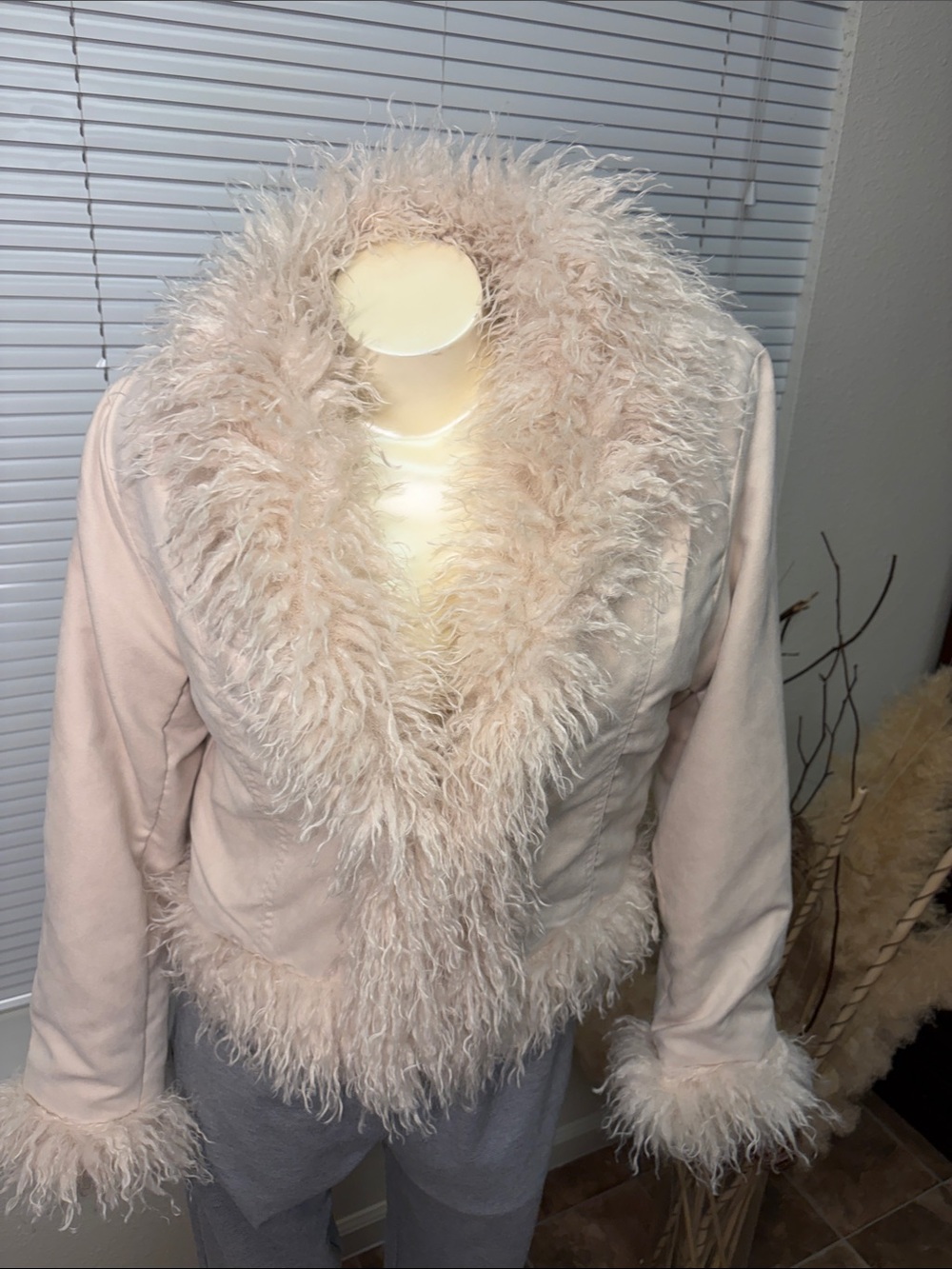 Cream faux suede and Mongolian fur trim jacket. NEW